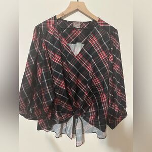 Chico's Plaid Blouson Short Sleeves Top SZ 3 Tie Front 3/4 Sleeves Black